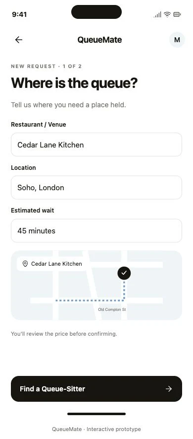 Actual QueueMate demo booking screen with Cedar Lane Kitchen, Soho and a sample 45-minute wait.