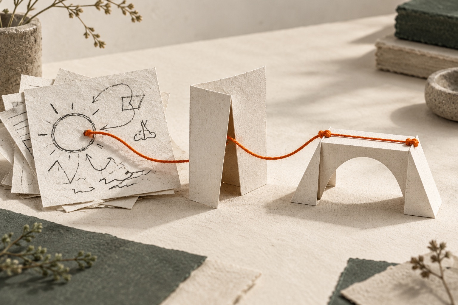 An orange thread connects a paper sketch, a narrow opening and a small folded bridge.
